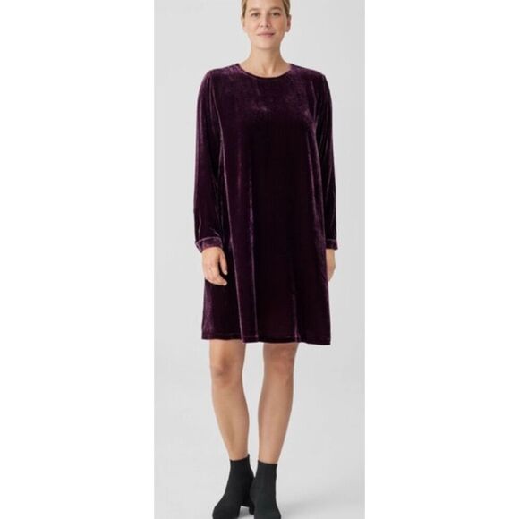 Eileen Fisher Velvet Crew Neck Dress in Burgundy NWT Size XL